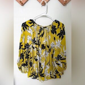 Worthington | Women’s Long Sleeve Flowy Yellow Blouse With Black & White Flowers